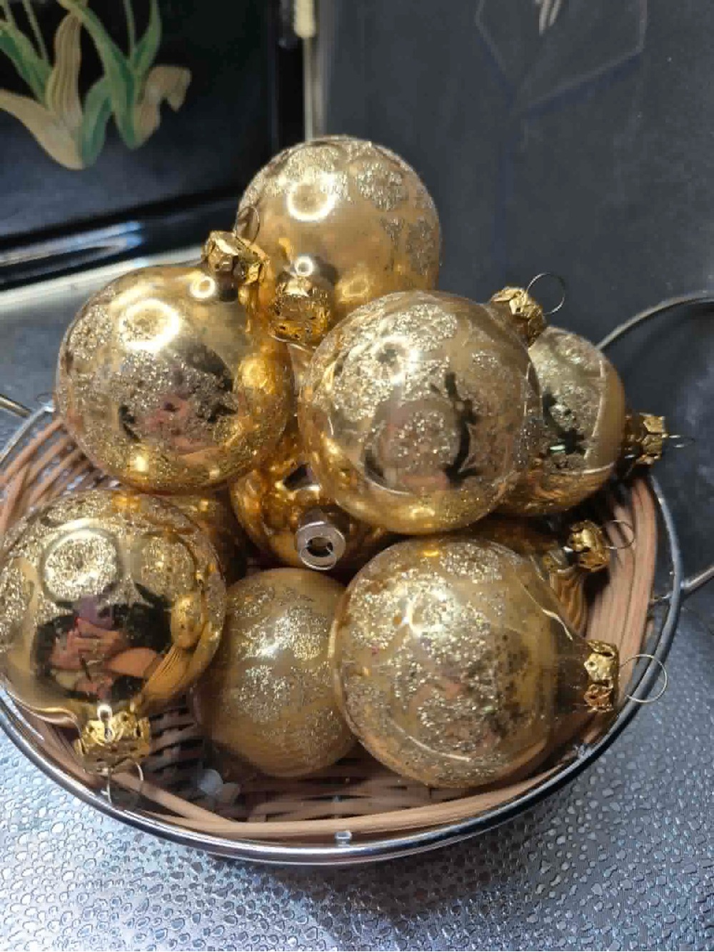 MCM Vintage Gold Mica on Mercury Glass Christmas Ornaments Set 7 - West Germany
